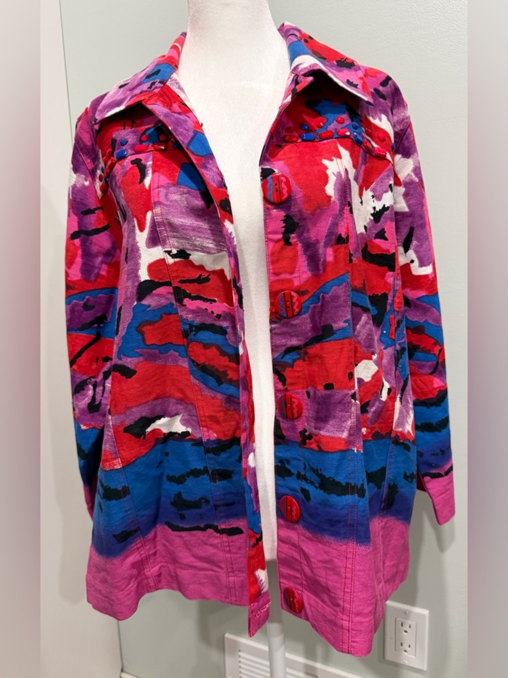 Choices Womens Jacket Purple/Red Abstract Beaded Accent 90s Buttons Sz Large